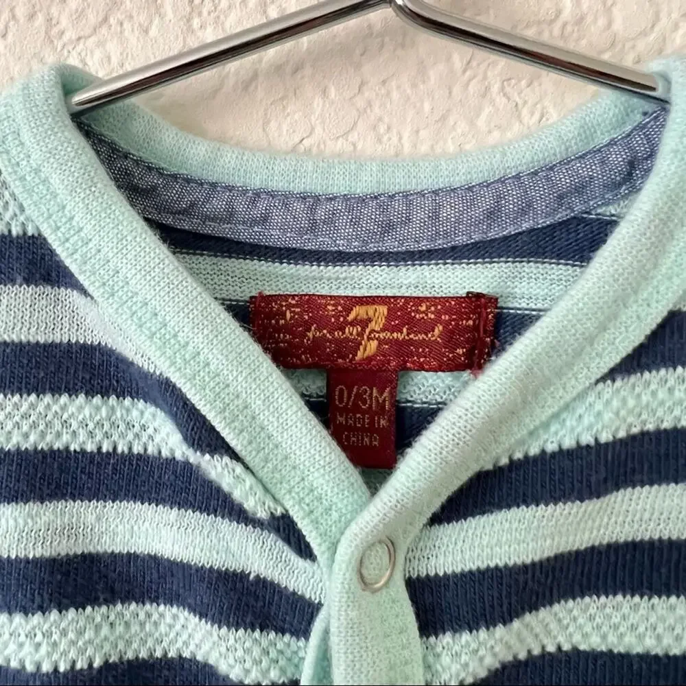 7 For All Mankind 7FAM mint green navy blue stripe ping sleeve footie onesie